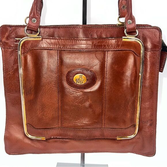Vintage Don Quixote Brown Leather Satchel Purse w/Gold Trim Top Zipper Closure - Picture 2 of 7
